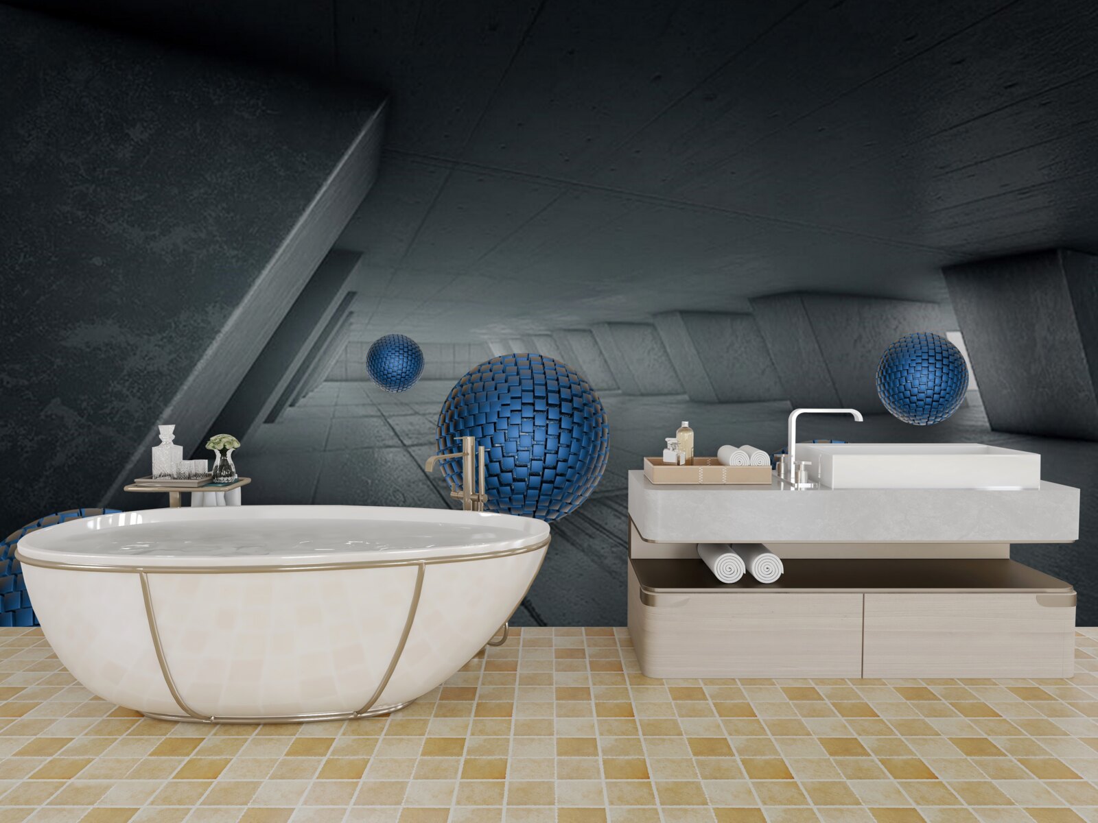 Papier peint passage gris sans fin et boules bleues