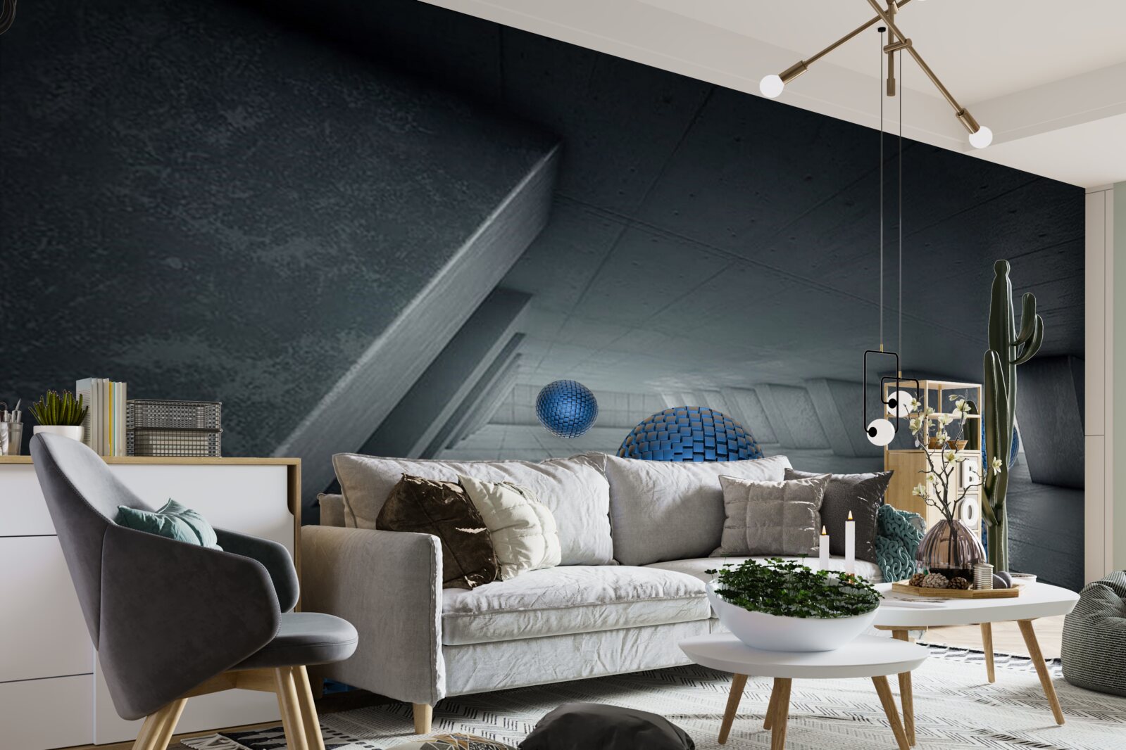 Papier peint passage gris sans fin et boules bleues