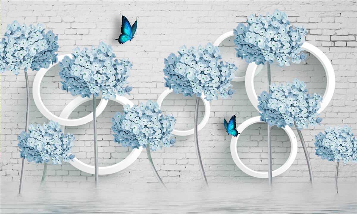 Papier peint branches de lilas avec des fleurs bleues sur un fond ambigu