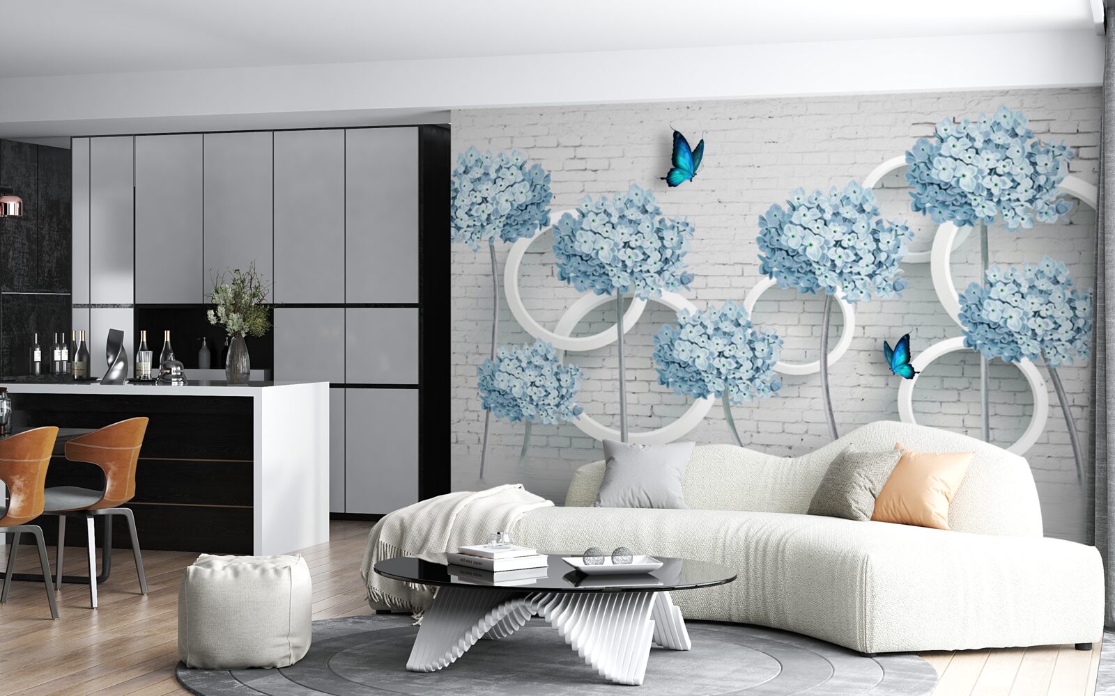 Papier peint branches de lilas avec des fleurs bleues sur un fond ambigu