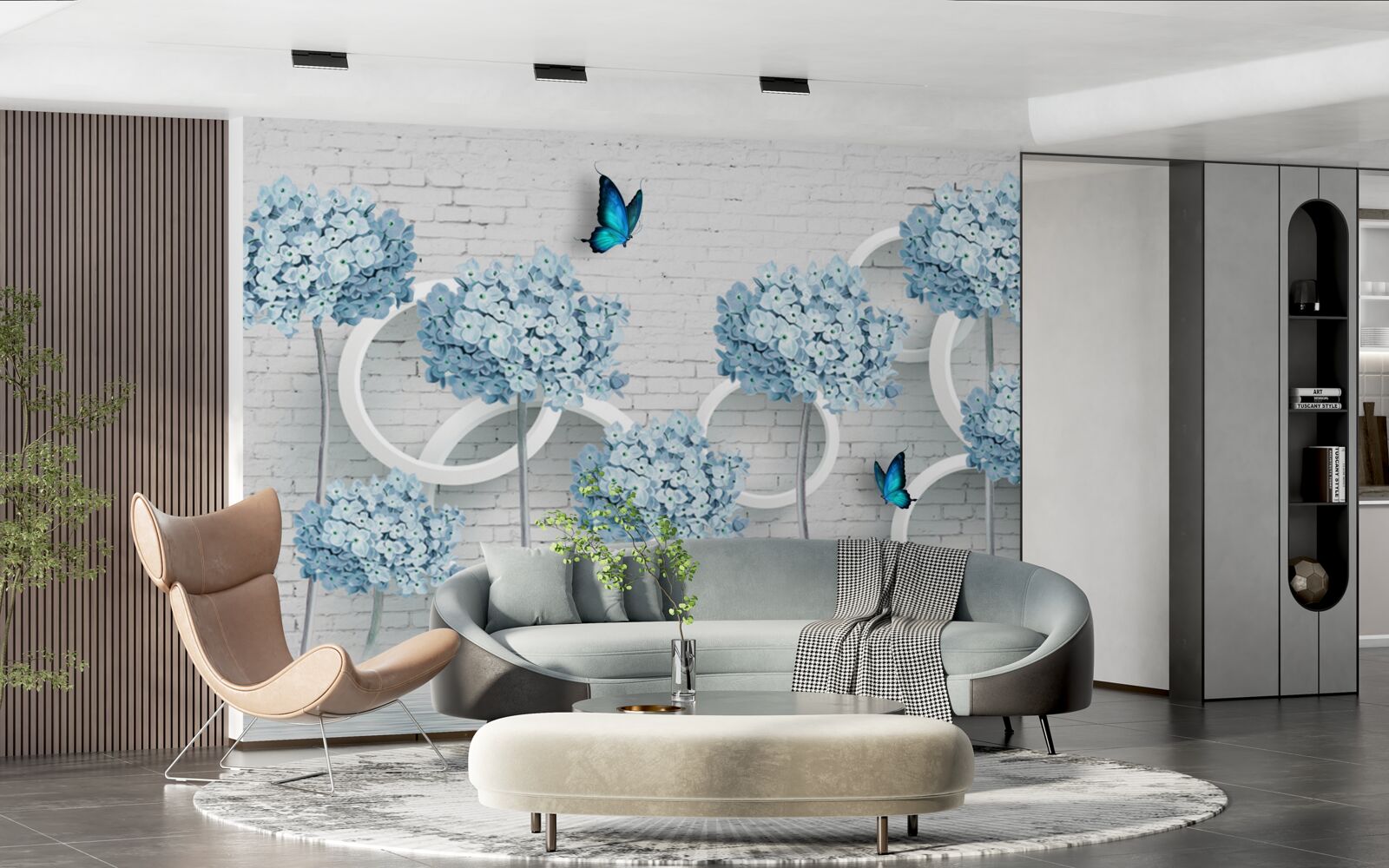 Papier peint branches de lilas avec des fleurs bleues sur un fond ambigu