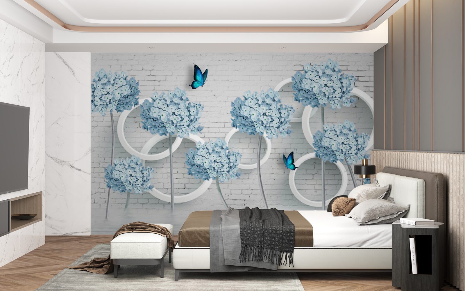 Papier peint branches de lilas avec des fleurs bleues sur un fond ambigu