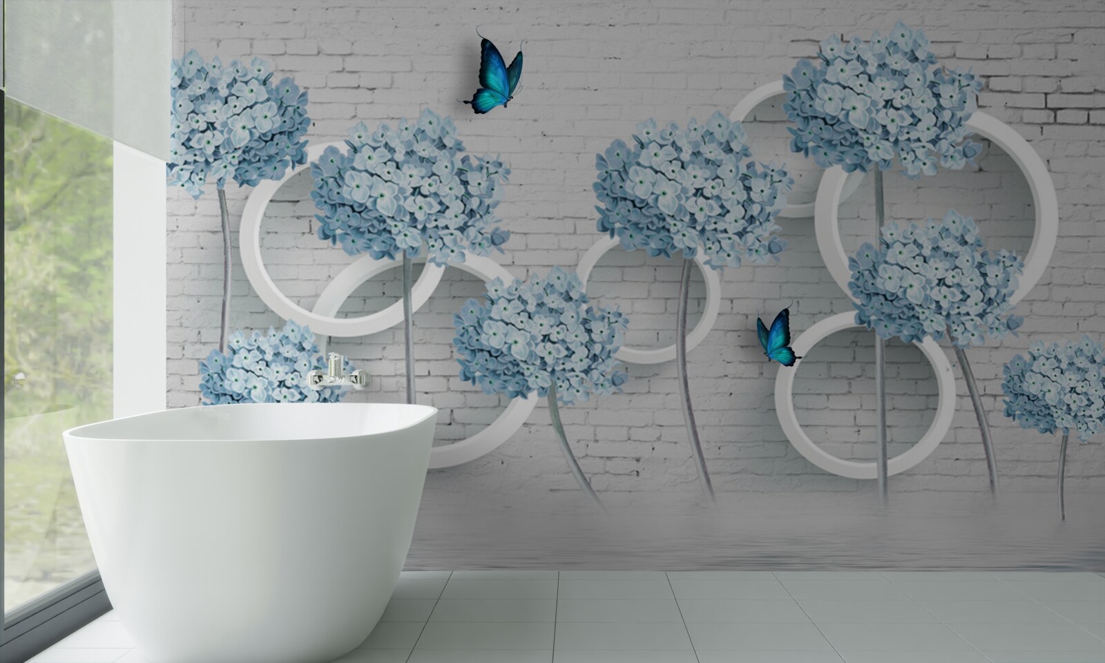 Papier peint branches de lilas avec des fleurs bleues sur un fond ambigu