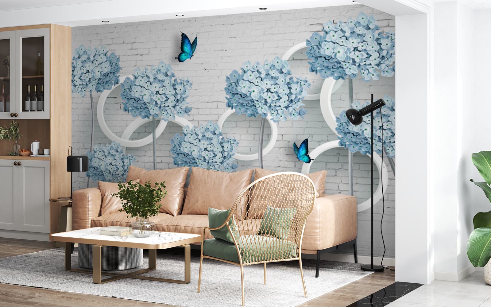 Papier peint branches de lilas avec des fleurs bleues sur un fond ambigu