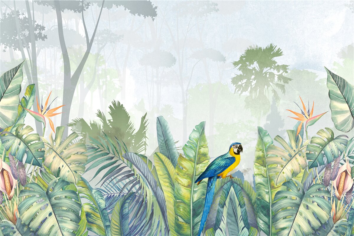 Papier peint un perroquet se détend sur une feuille de palmier