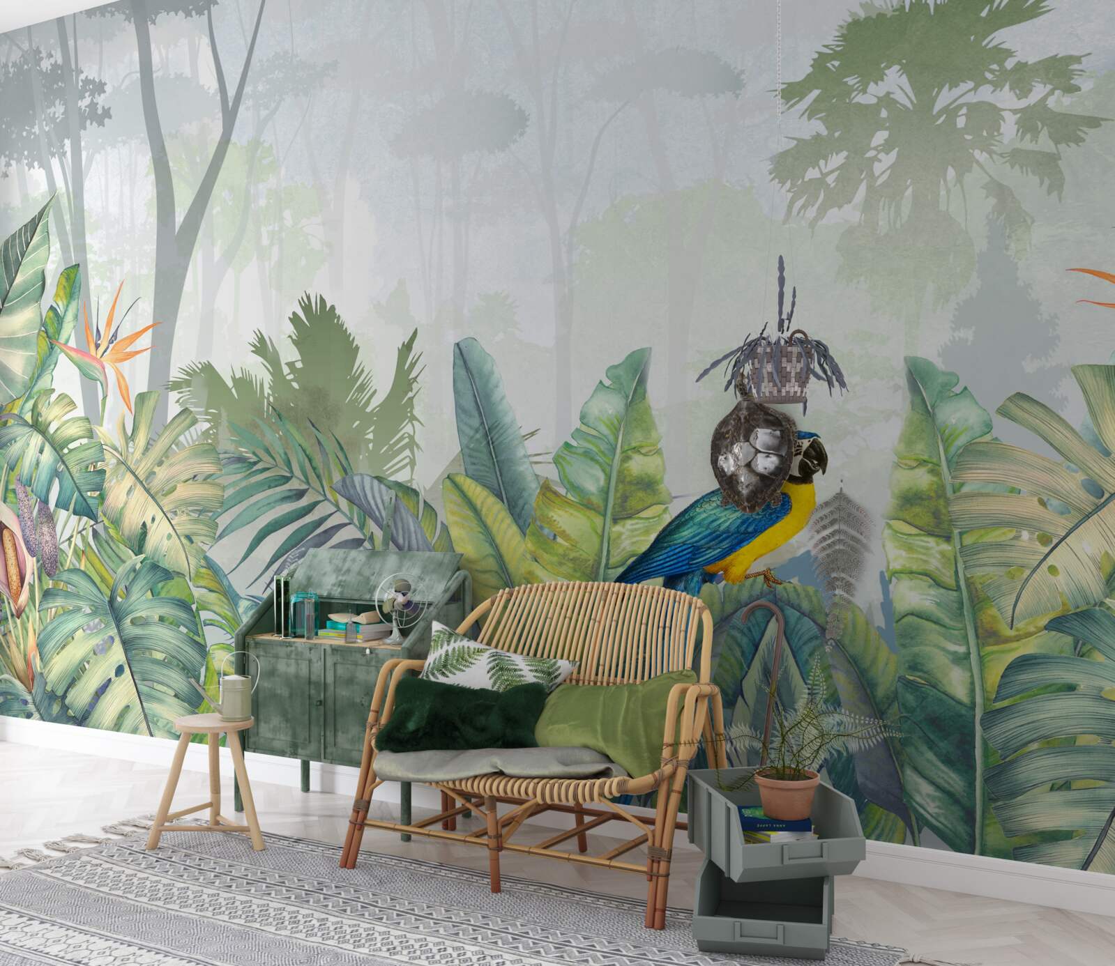 Papier peint un perroquet se détend sur une feuille de palmier