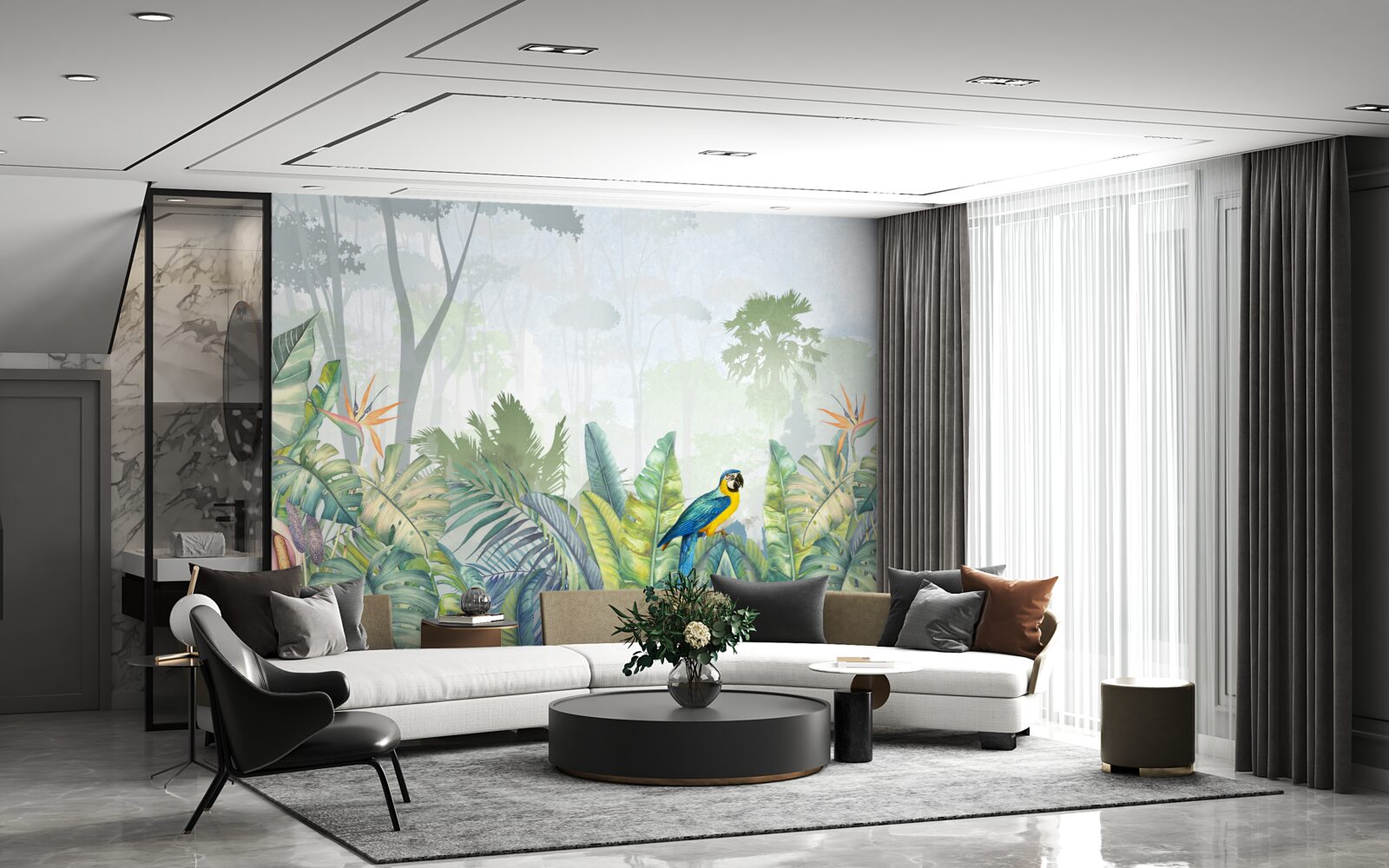 Papier peint un perroquet se détend sur une feuille de palmier