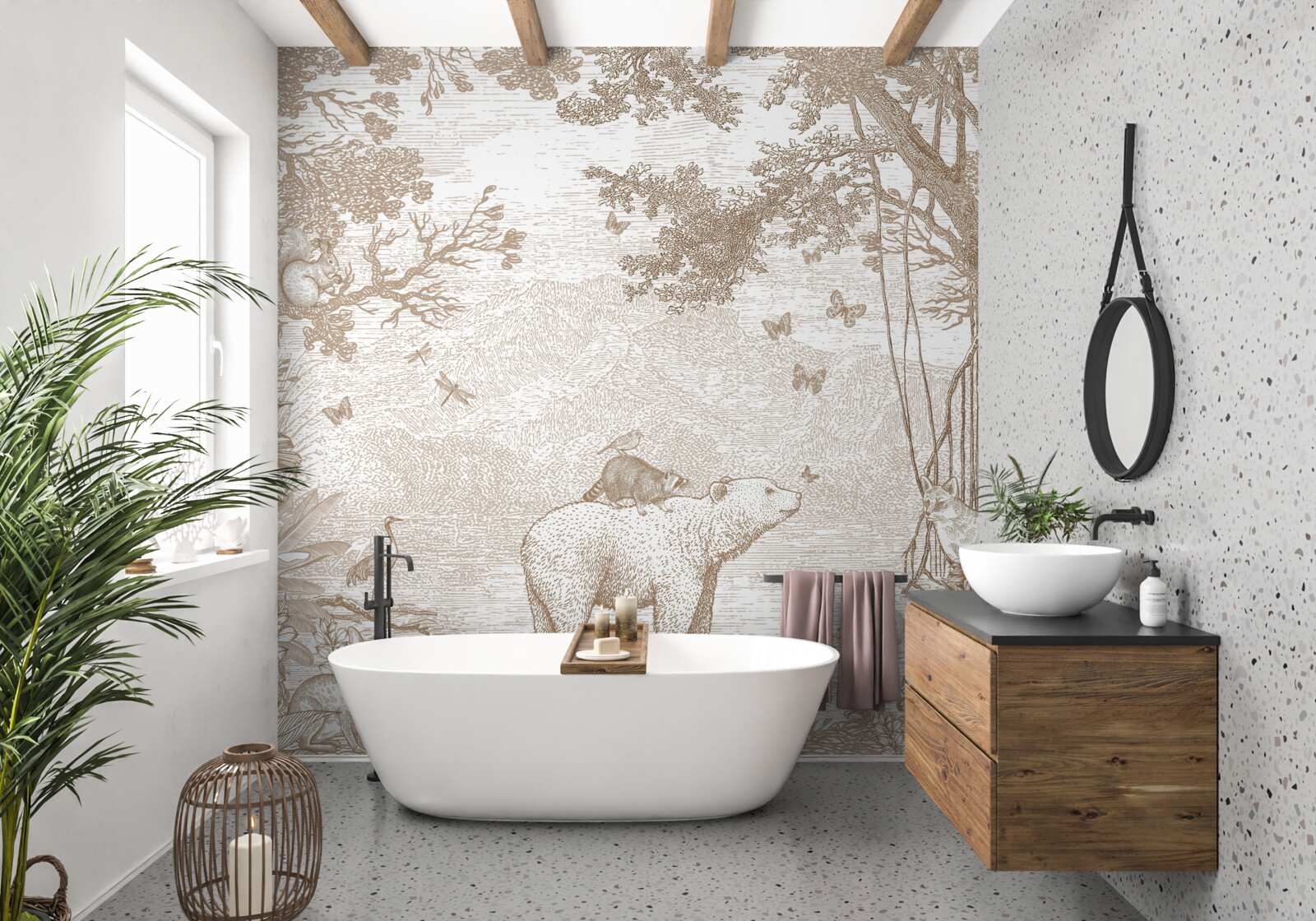 Papier peint un ours se promène dans une forêt enneigée