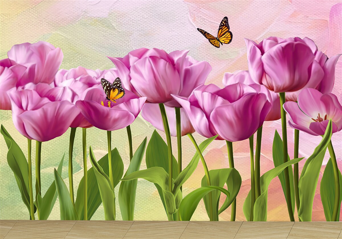 Papier peint papillons et tulipes violettes dans les champs