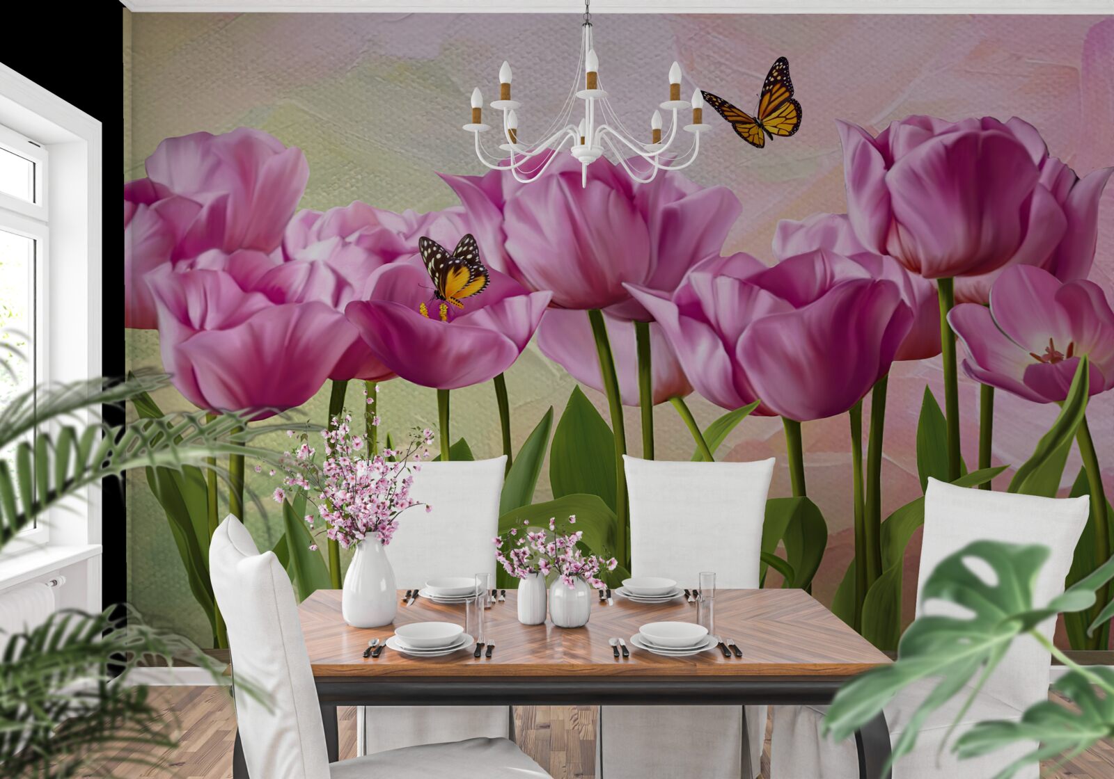 Papier peint papillons et tulipes violettes dans les champs