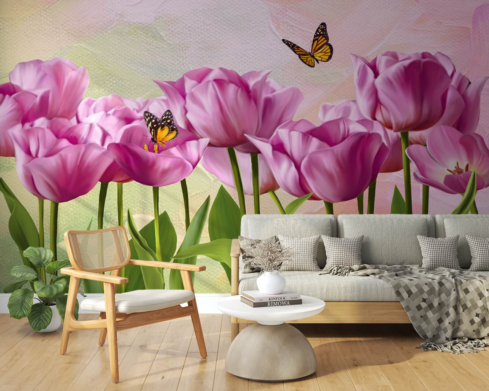 Papier peint papillons et tulipes violettes dans les champs