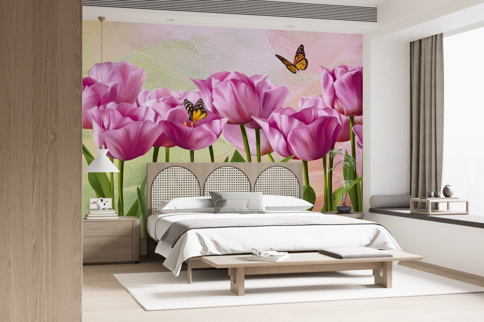 Papier peint papillons et tulipes violettes dans les champs