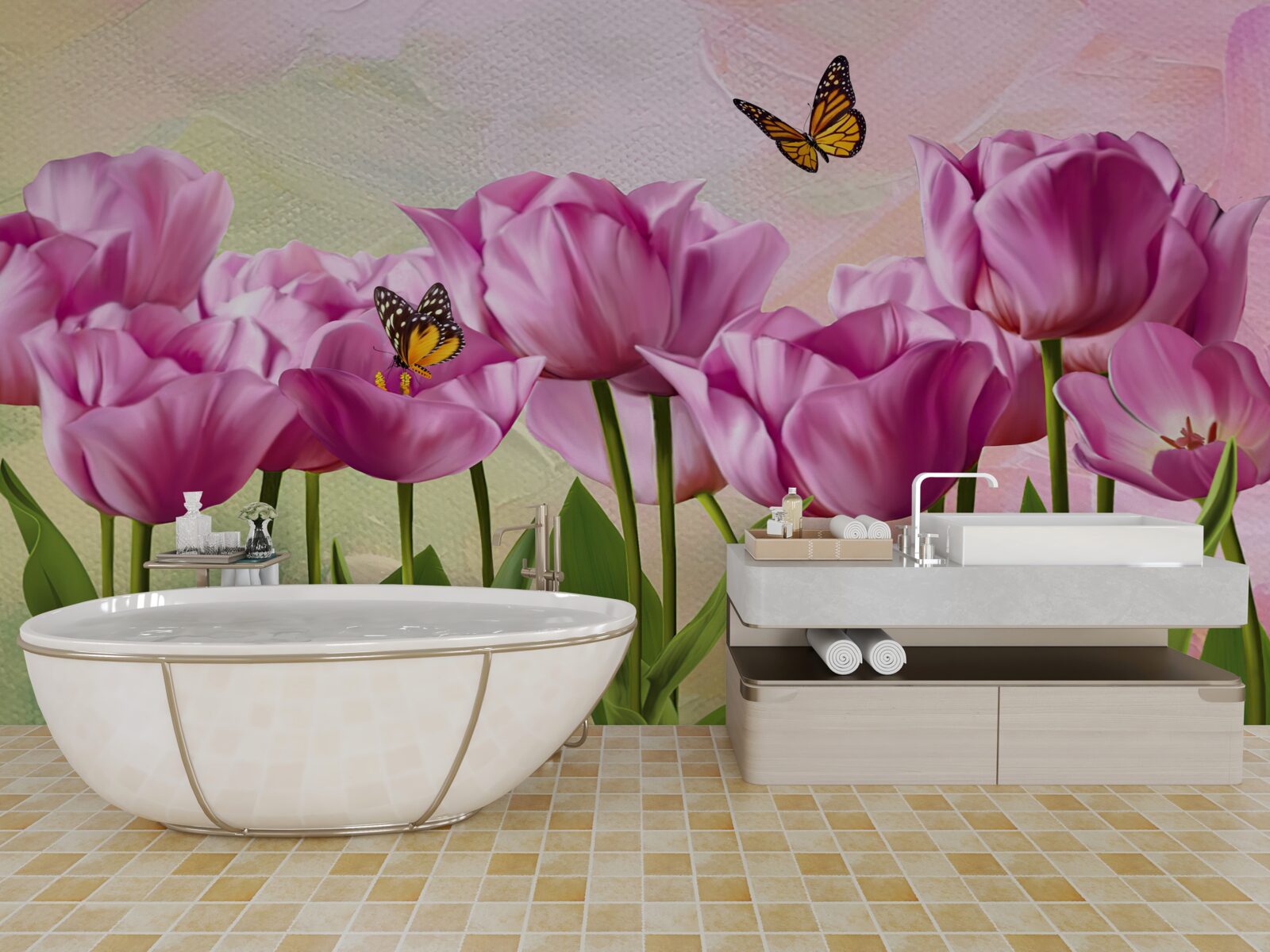 Papier peint papillons et tulipes violettes dans les champs