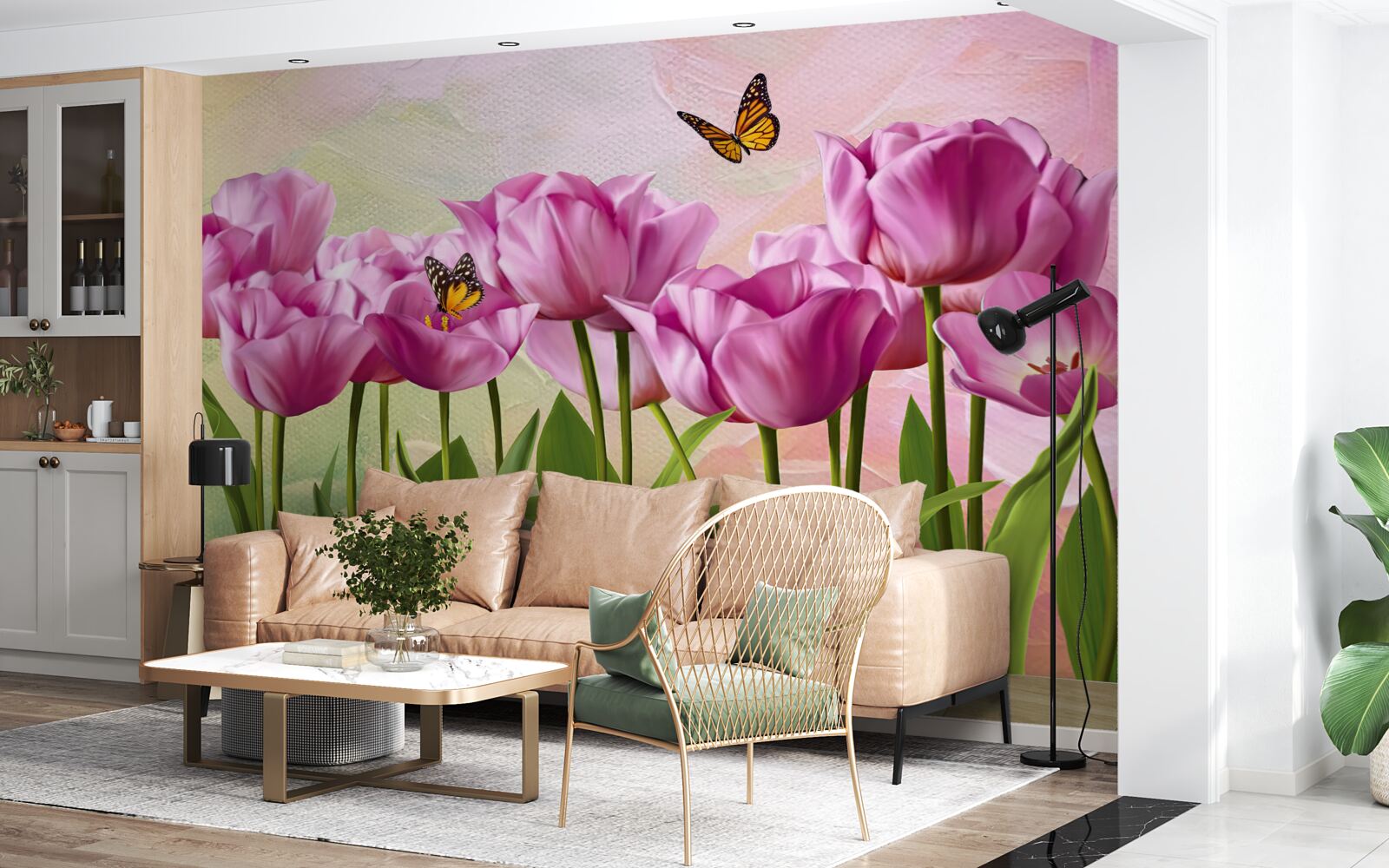 Papier peint papillons et tulipes violettes dans les champs