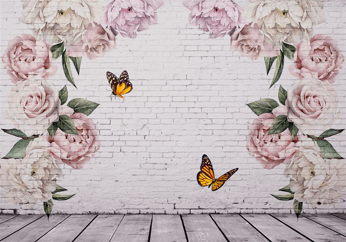 Papier peint pivoines roses et papillons