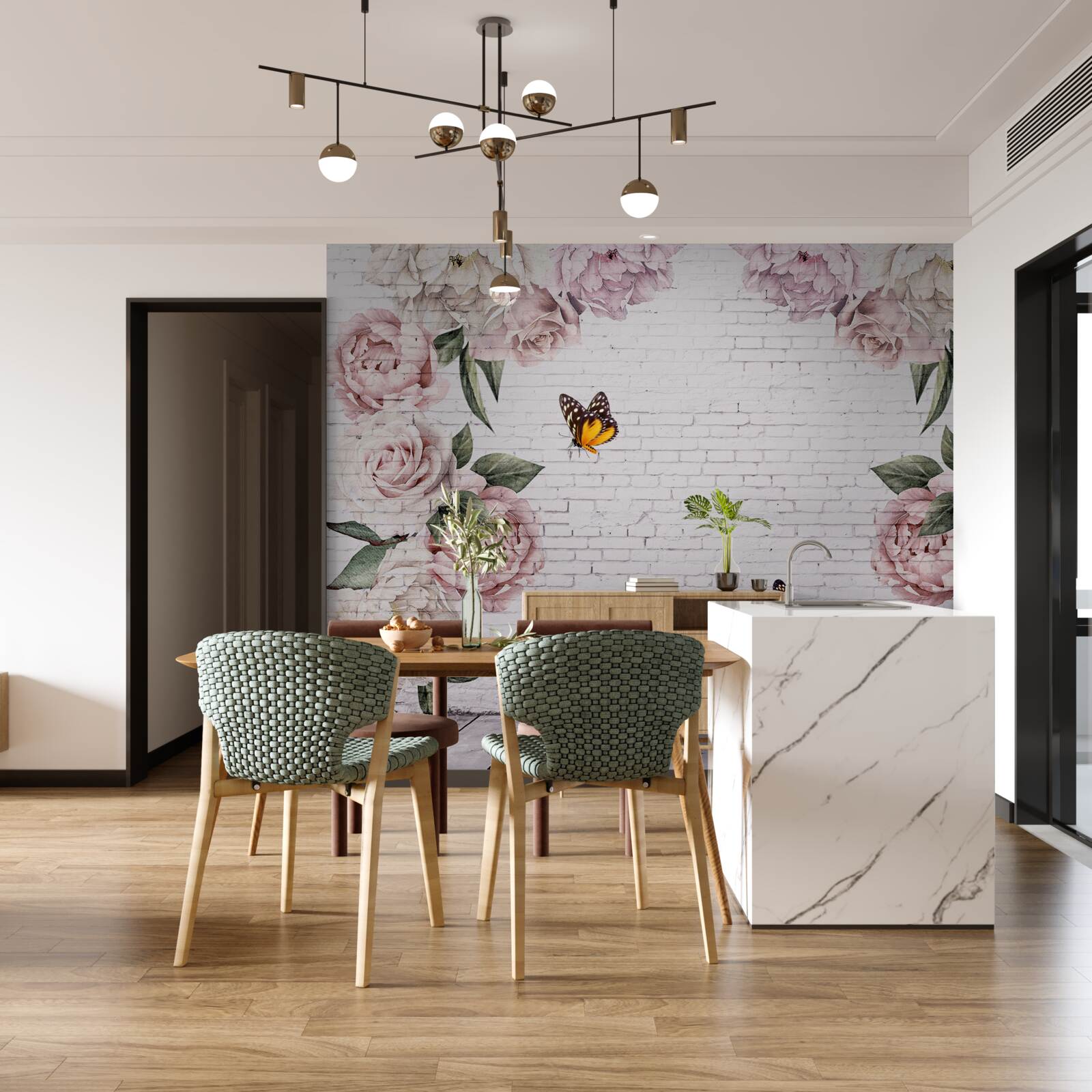 Papier peint pivoines roses et papillons