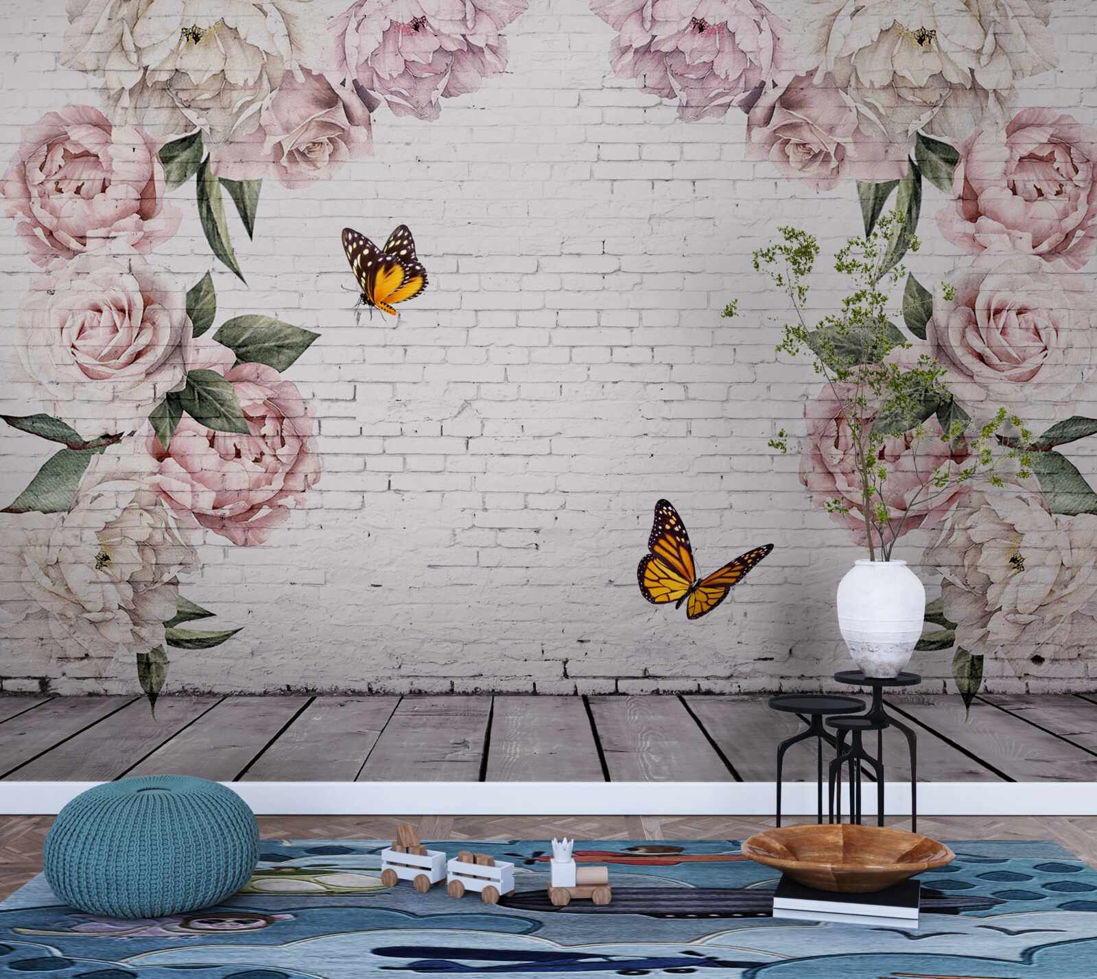 Papier peint pivoines roses et papillons