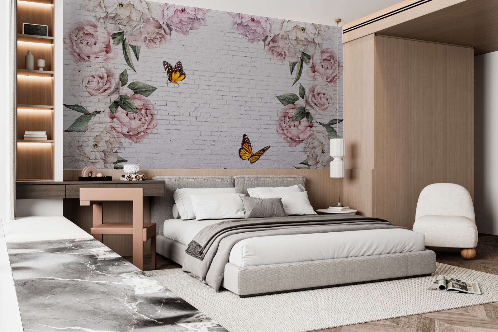 Papier peint pivoines roses et papillons