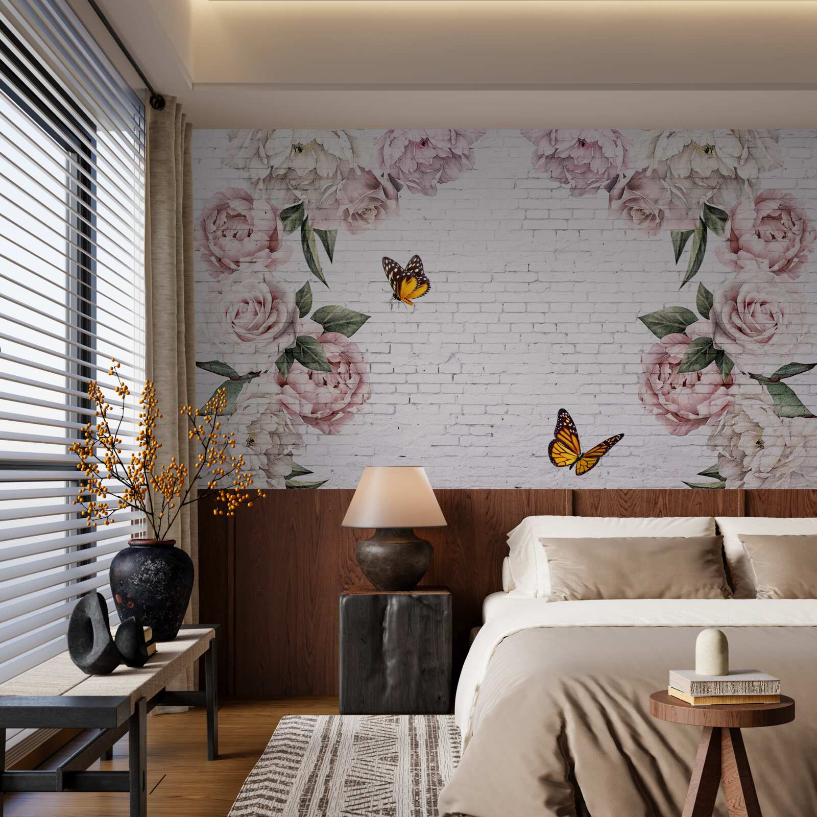 Papier peint pivoines roses et papillons