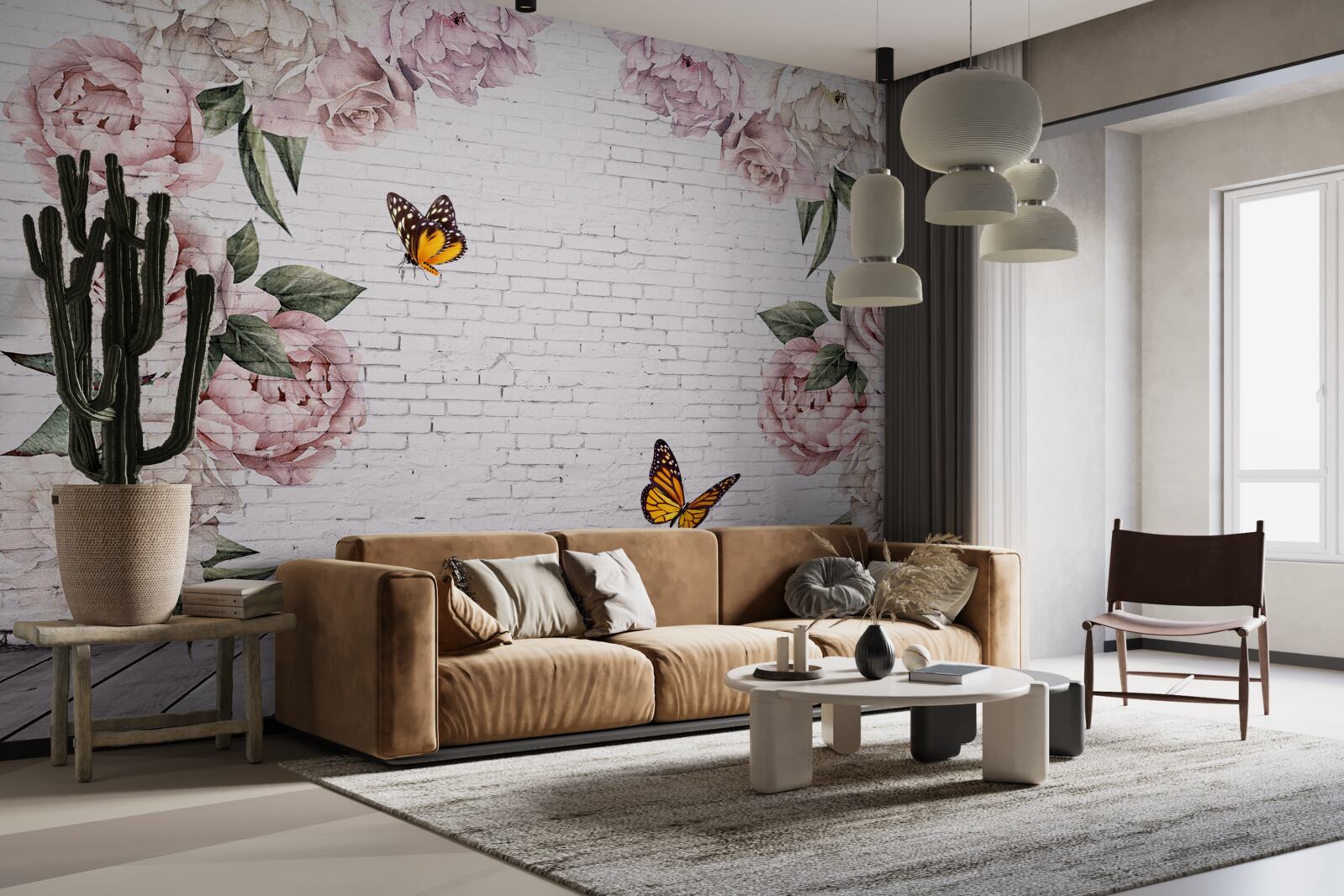 Papier peint pivoines roses et papillons