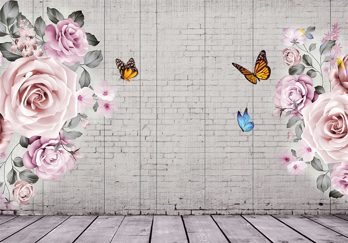 Papier peint papillons multicolores et roses délicatement fleuries