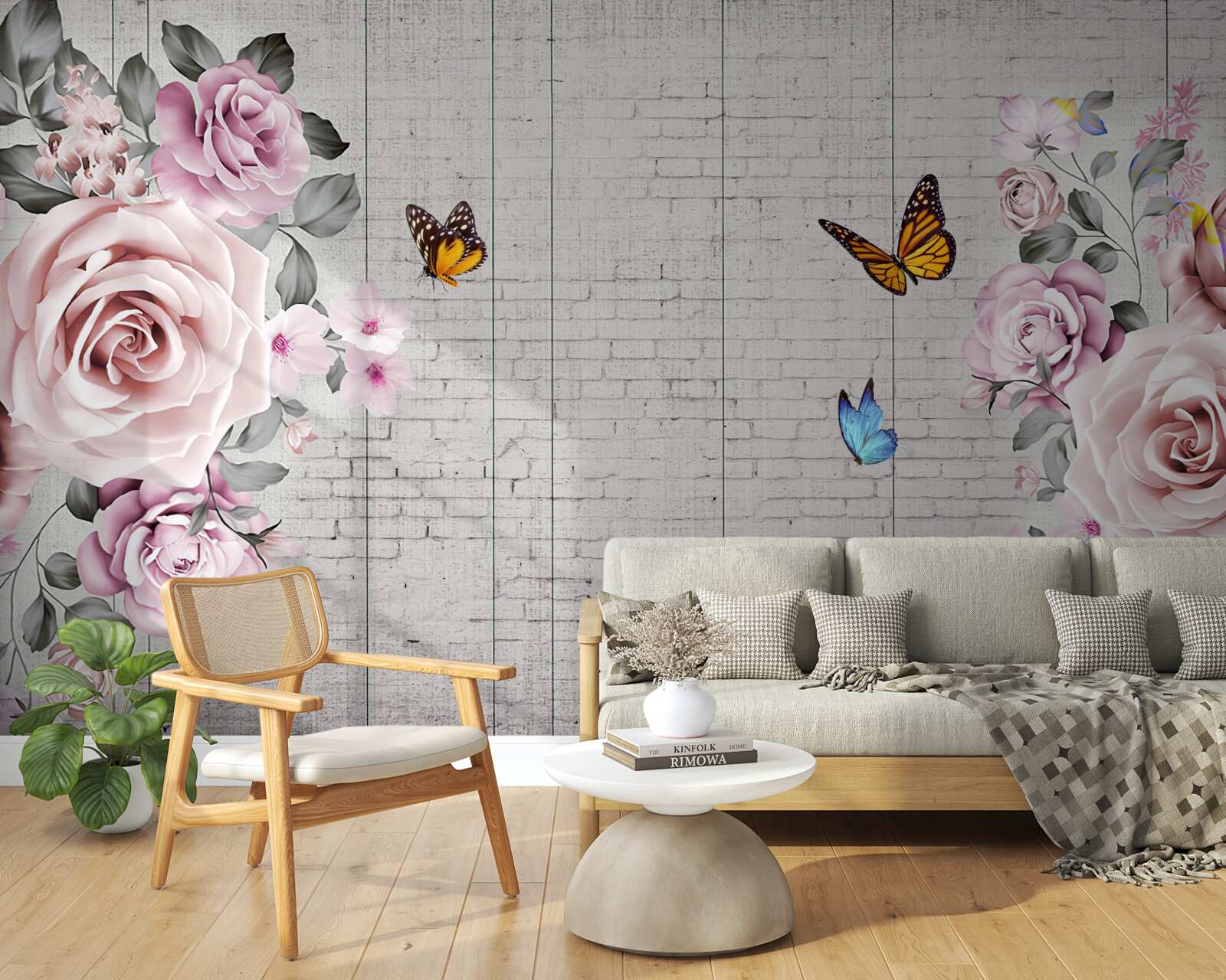 Papier peint papillons multicolores et roses délicatement fleuries