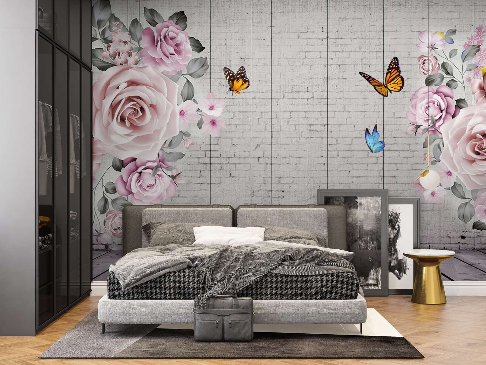 Papier peint papillons multicolores et roses délicatement fleuries