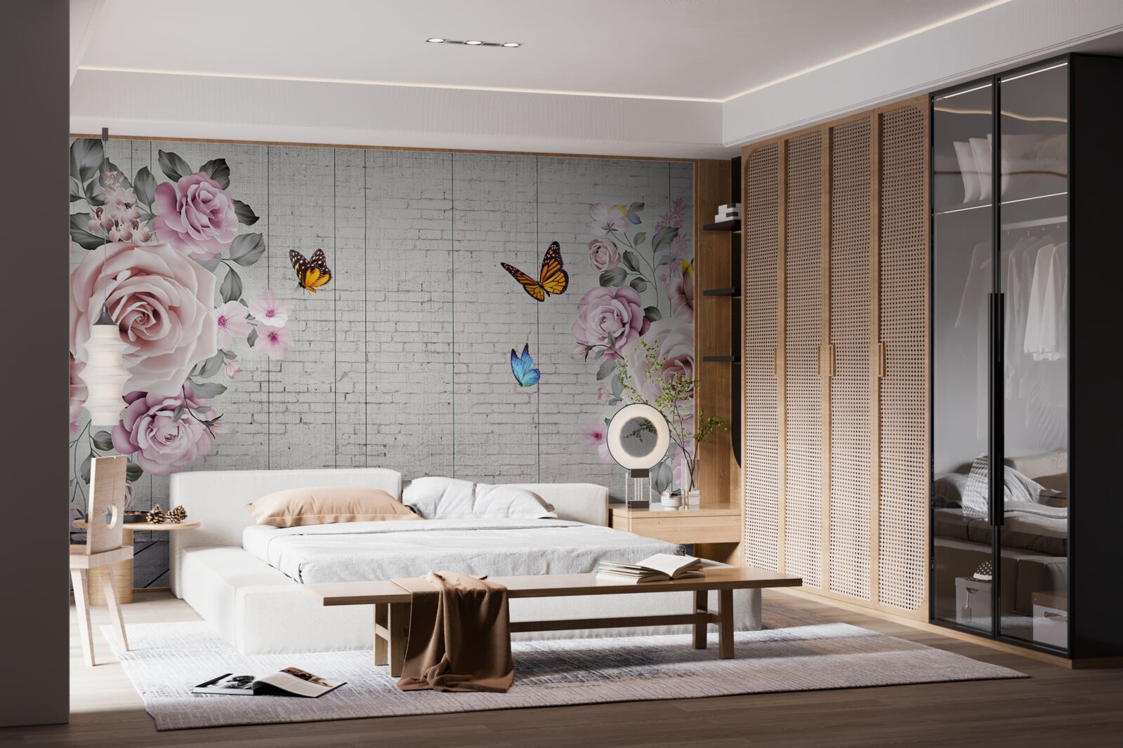 Papier peint papillons multicolores et roses délicatement fleuries