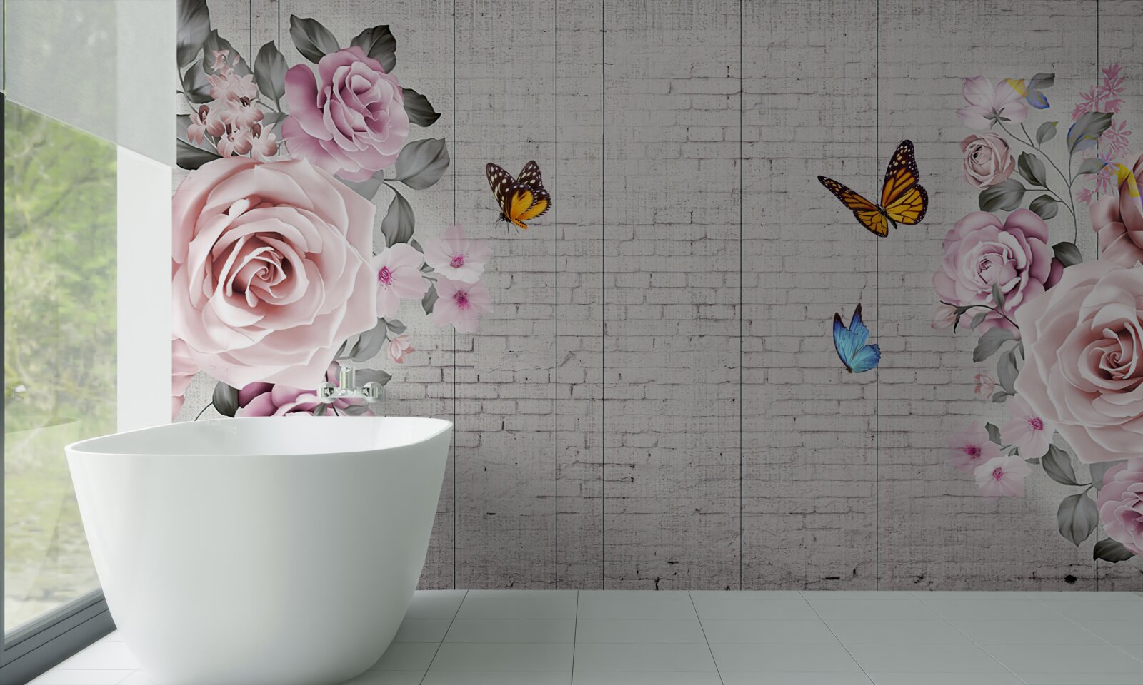 Papier peint papillons multicolores et roses délicatement fleuries