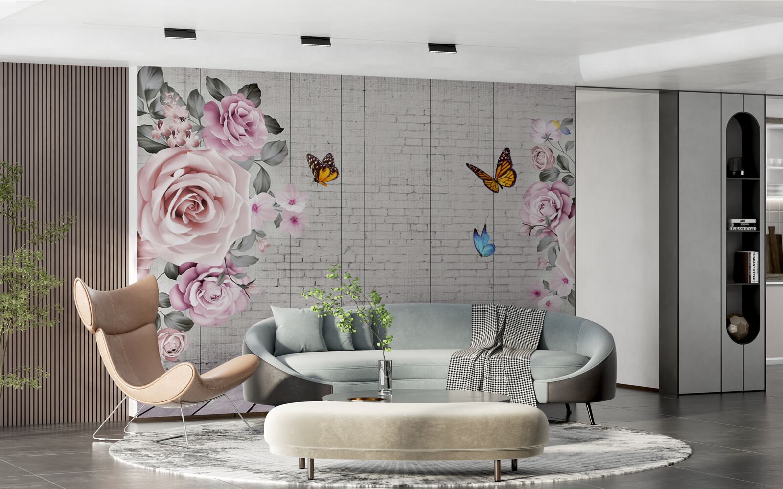 Papier peint papillons multicolores et roses délicatement fleuries