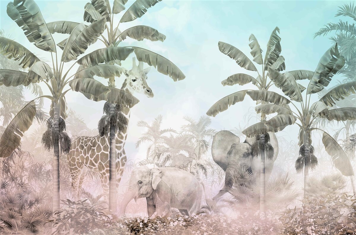 Papier peint grands palmiers à larges feuilles et animaux divers