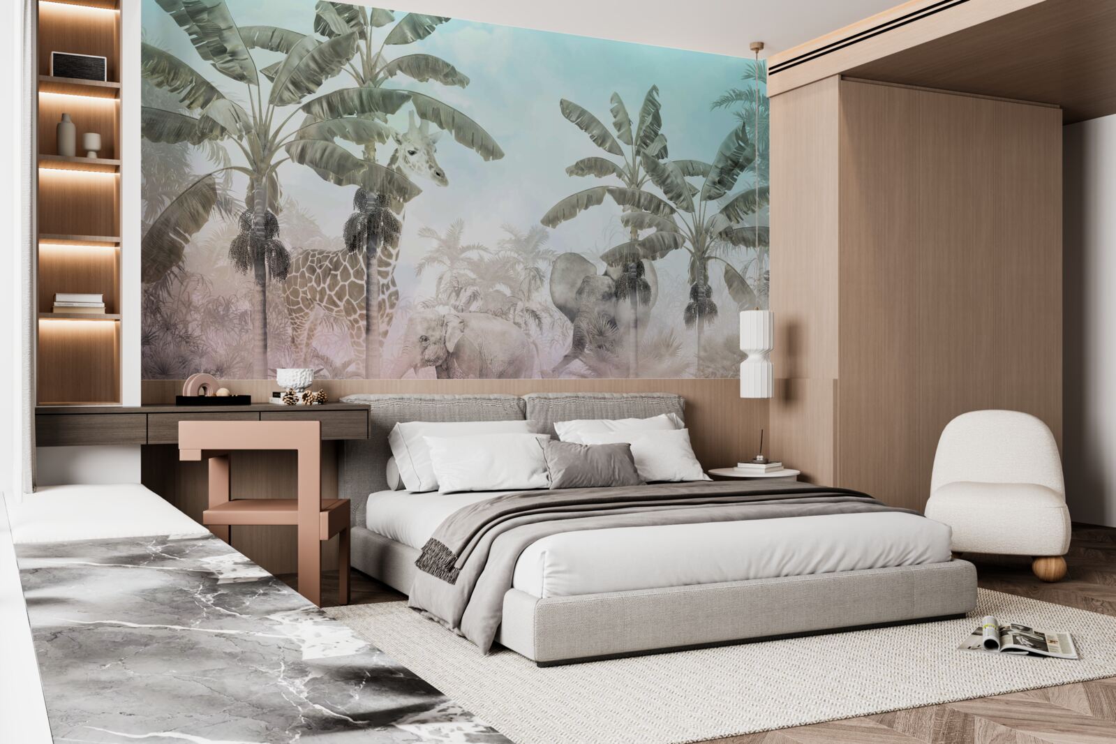 Papier peint grands palmiers à larges feuilles et animaux divers