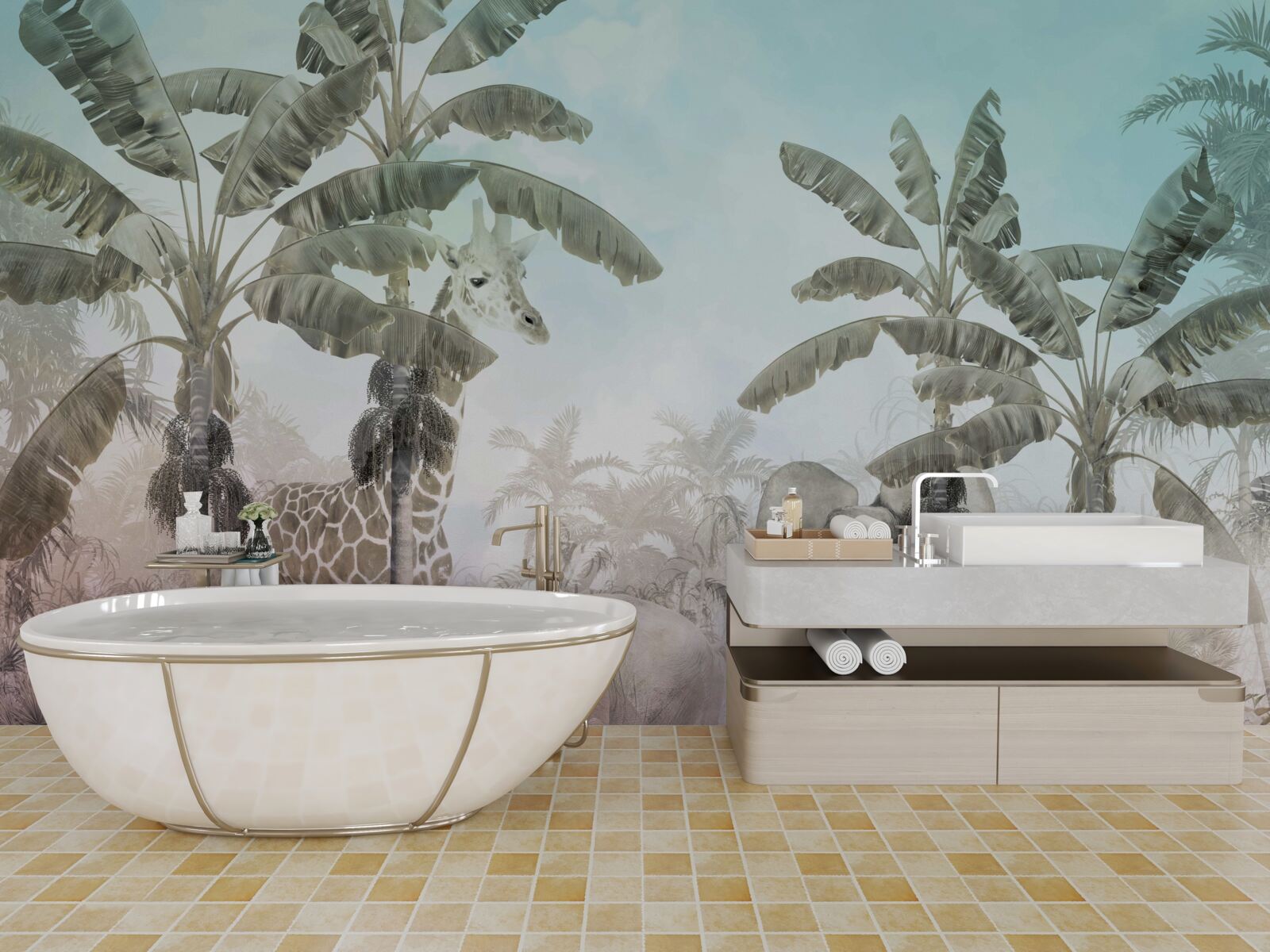 Papier peint grands palmiers à larges feuilles et animaux divers