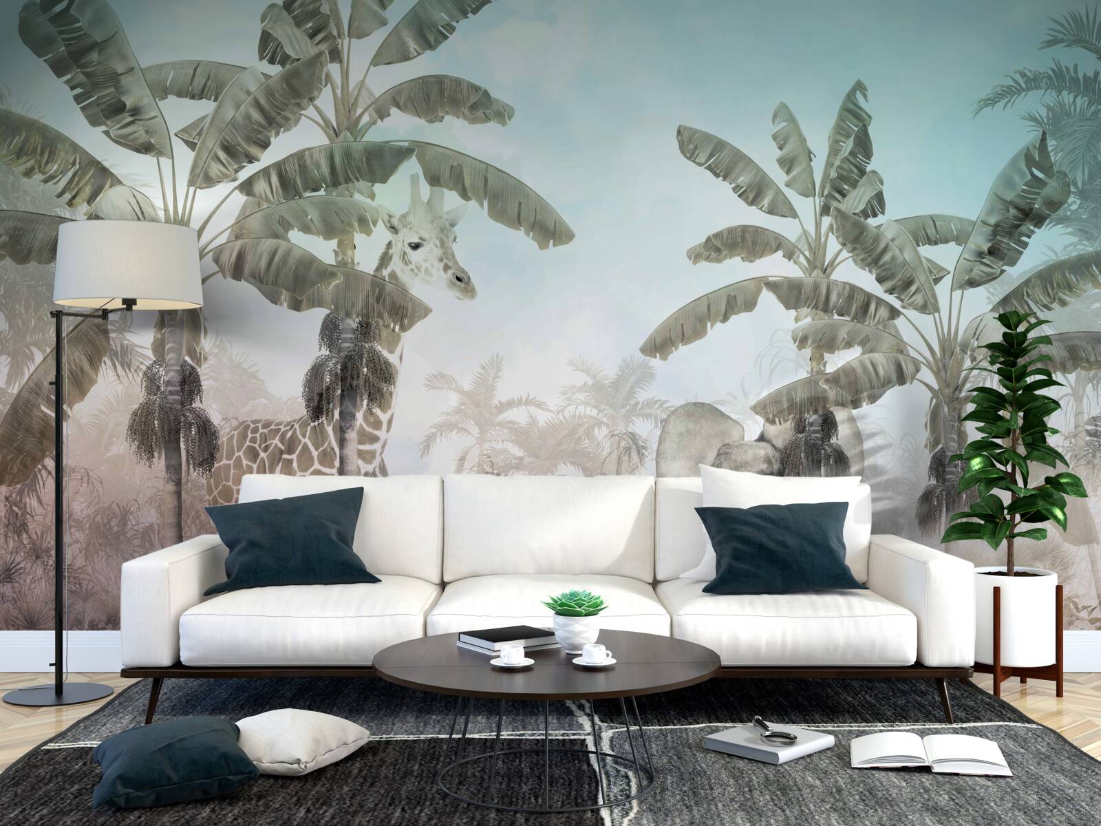 Papier peint grands palmiers à larges feuilles et animaux divers