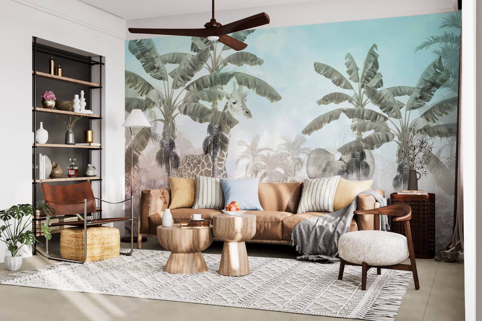 Papier peint grands palmiers à larges feuilles et animaux divers