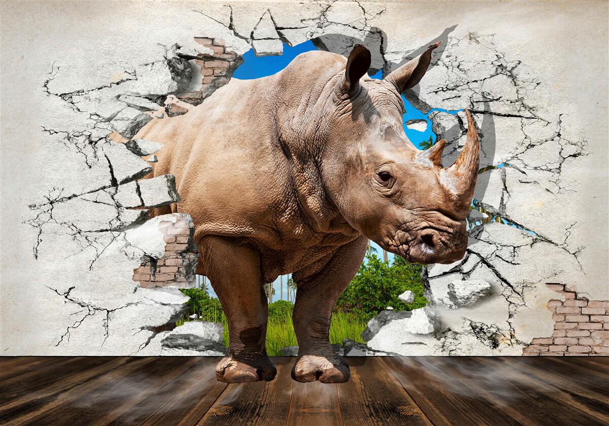 Papier peint Un mur s'effondre sous la force d'un rhinocéros
