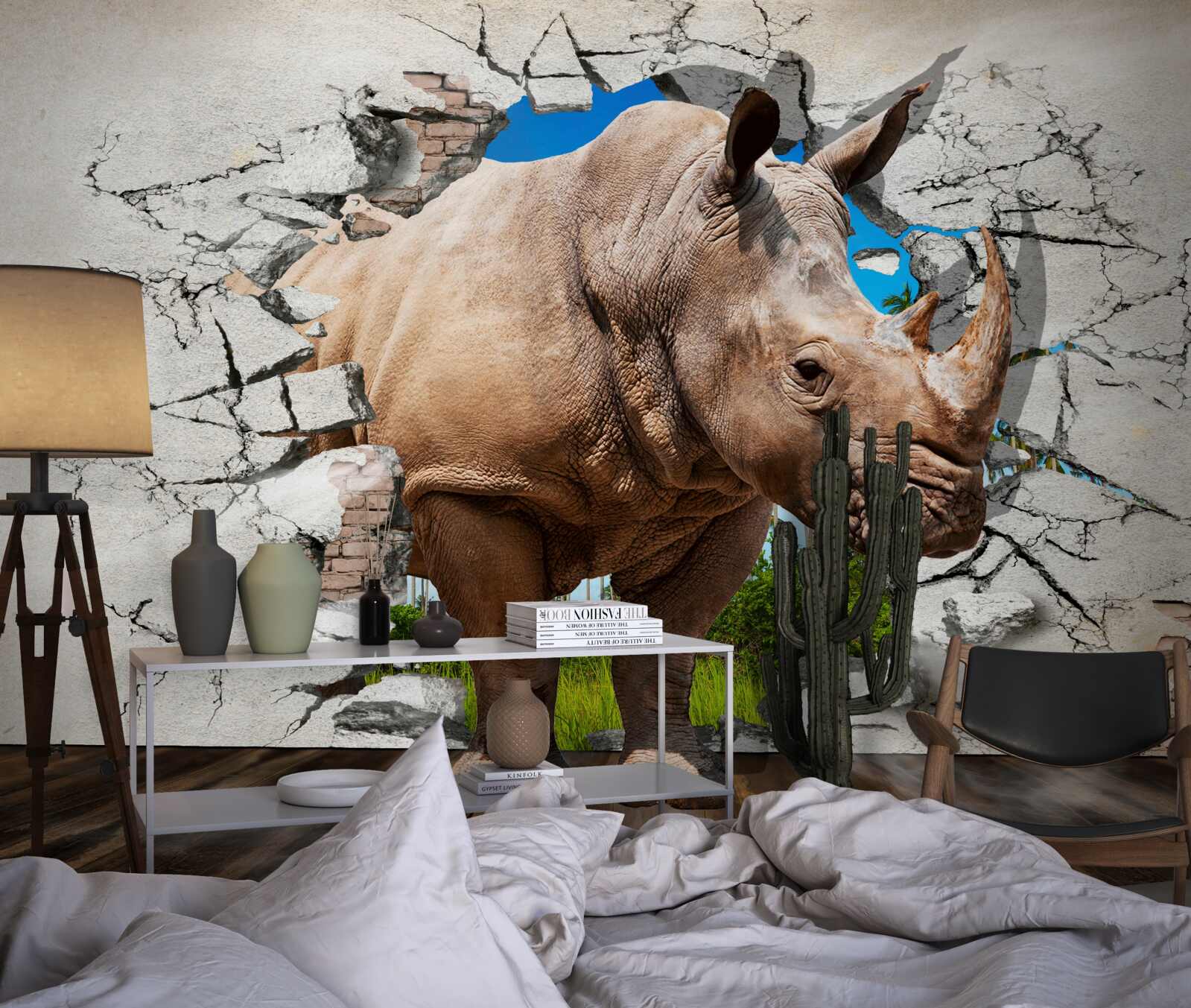 Papier peint Un mur s'effondre sous la force d'un rhinocéros