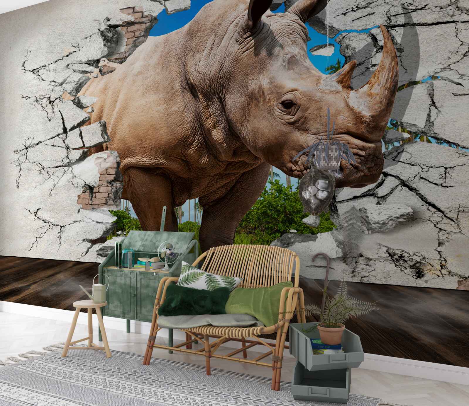 Papier peint Un mur s'effondre sous la force d'un rhinocéros