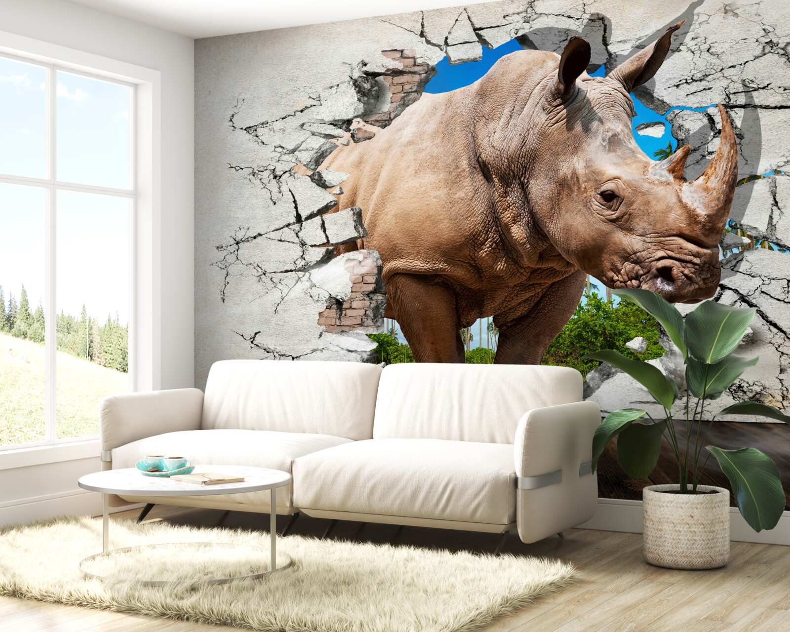 Papier peint Un mur s'effondre sous la force d'un rhinocéros