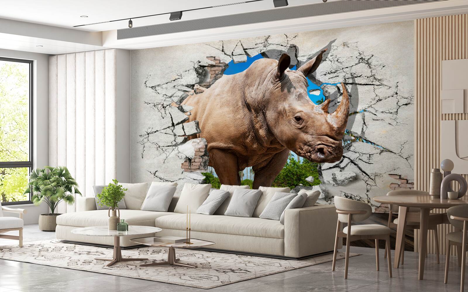 Papier peint Un mur s'effondre sous la force d'un rhinocéros