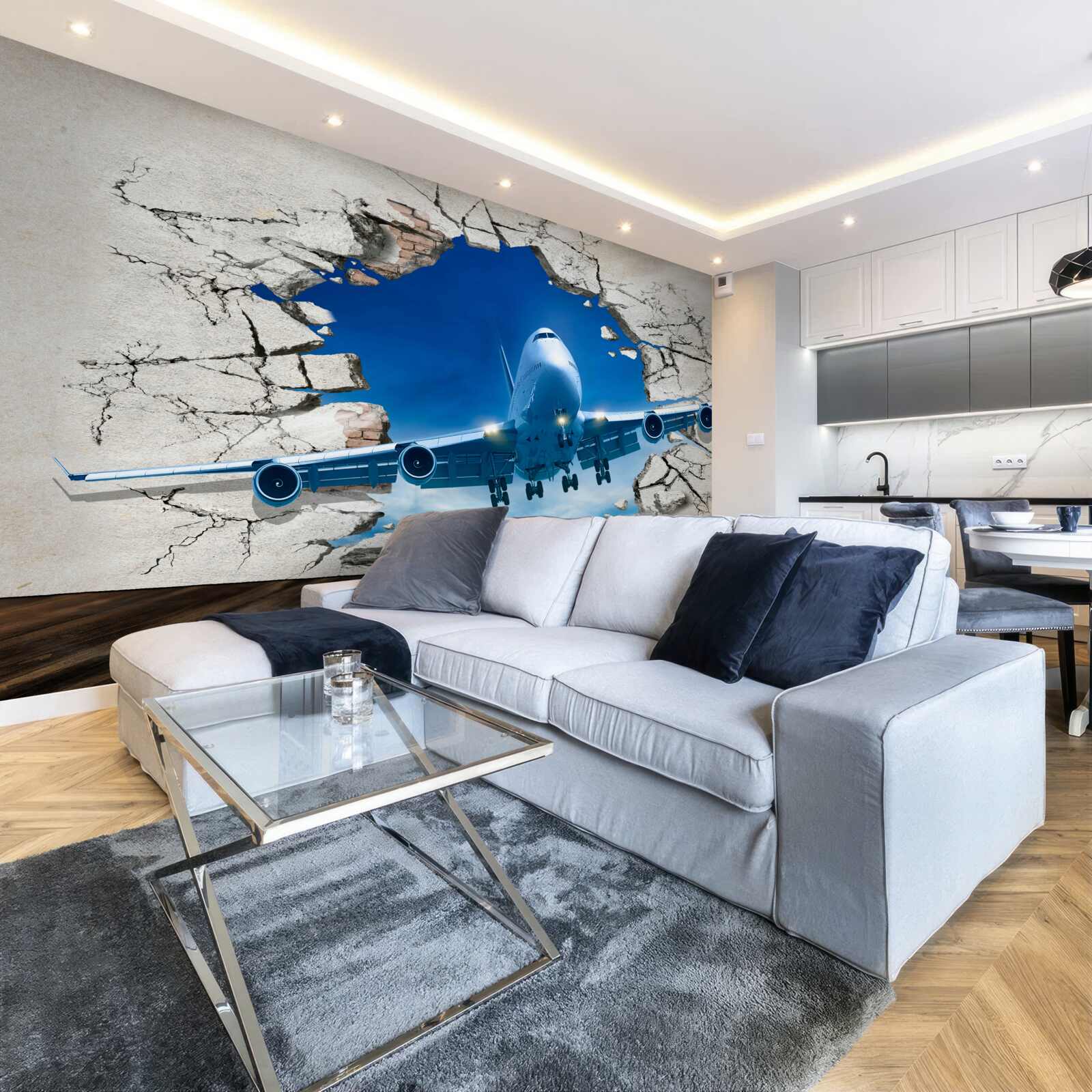 Papier peint avion perçant le mur