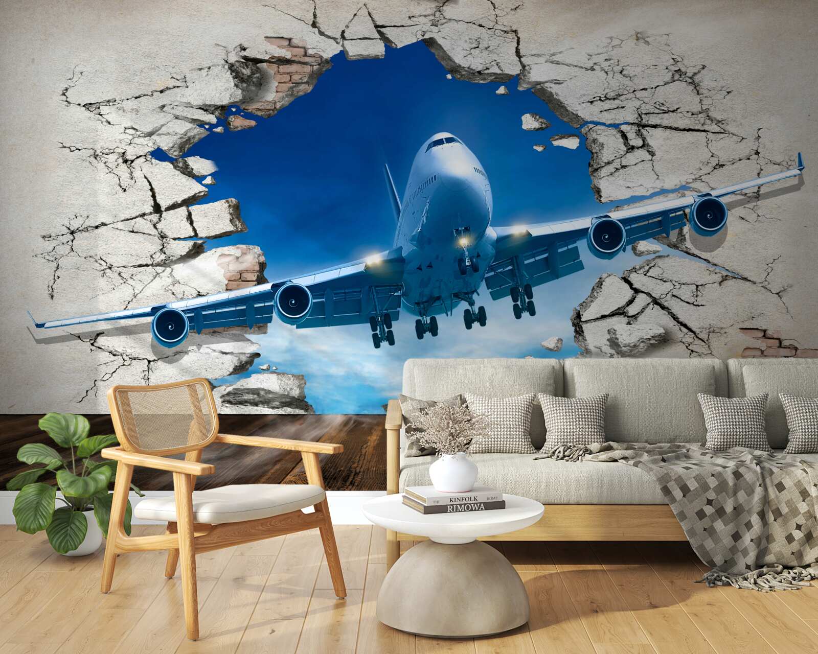 Papier peint avion perçant le mur
