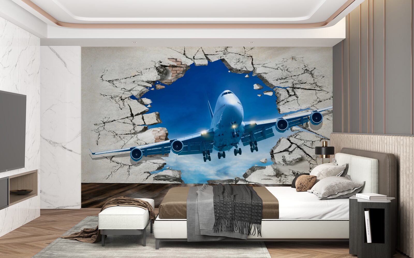 Papier peint avion perçant le mur