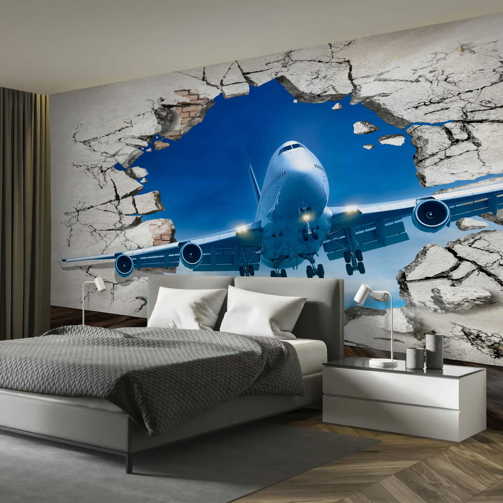 Papier peint avion perçant le mur