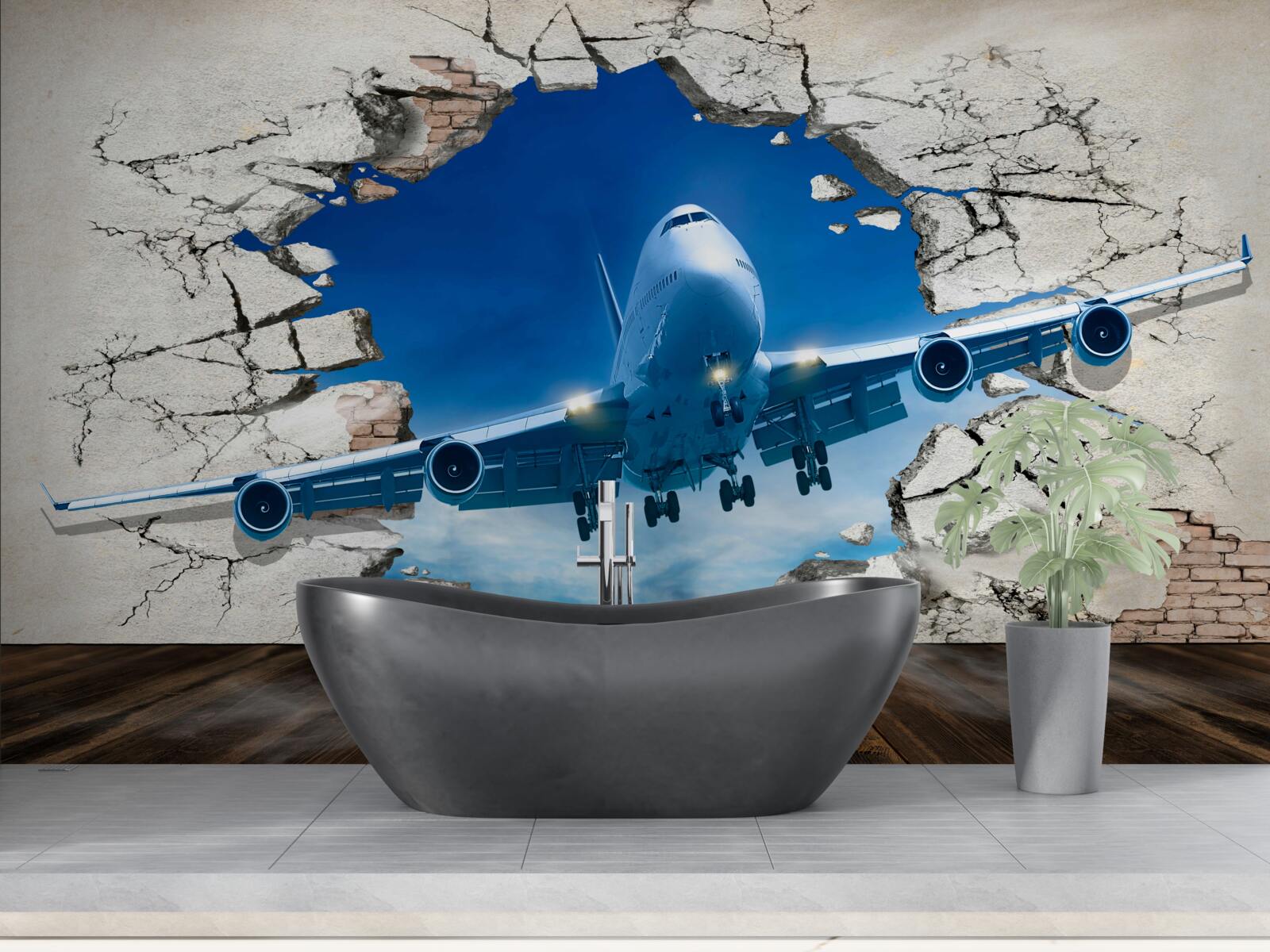 Papier peint avion perçant le mur
