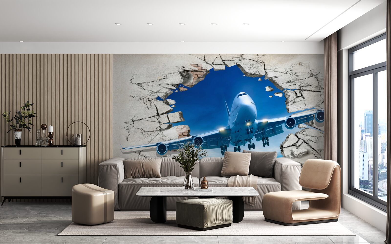 Papier peint avion perçant le mur