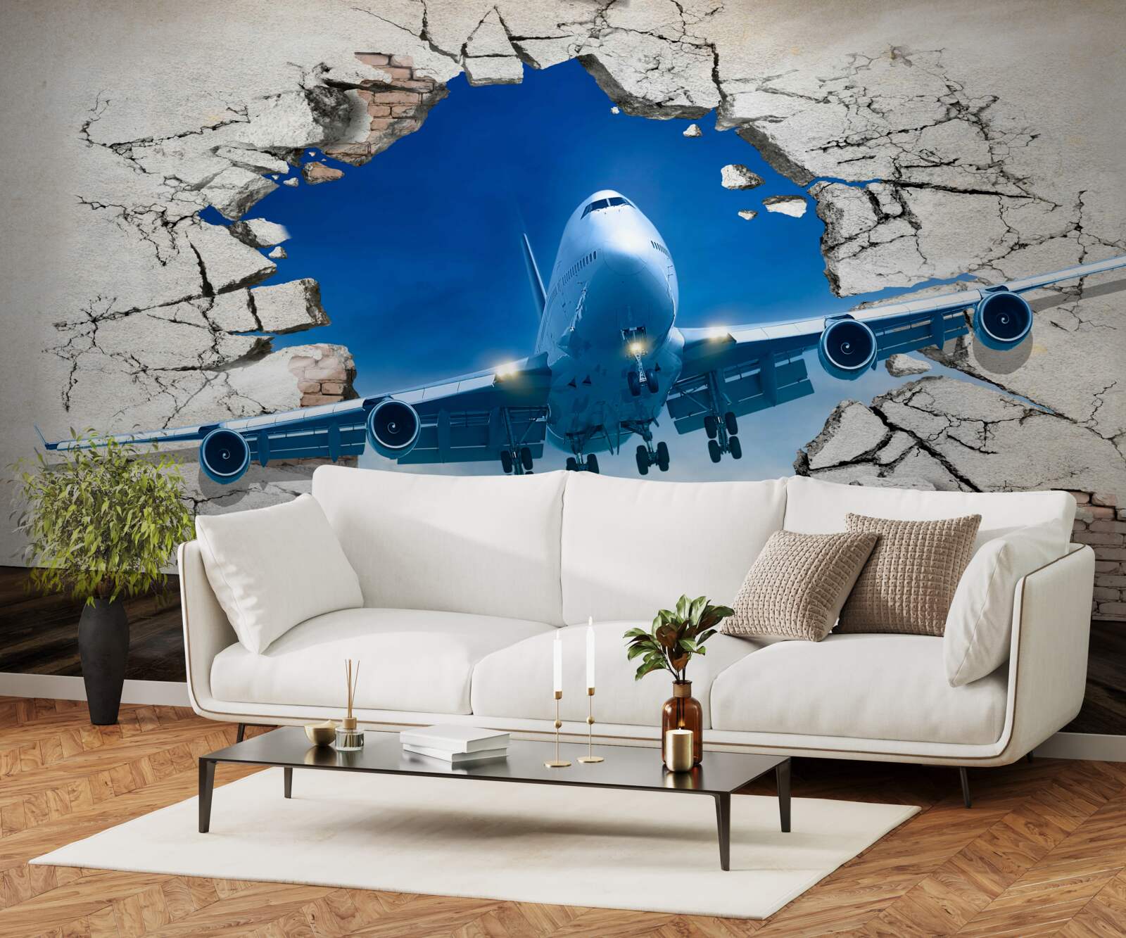Papier peint avion perçant le mur
