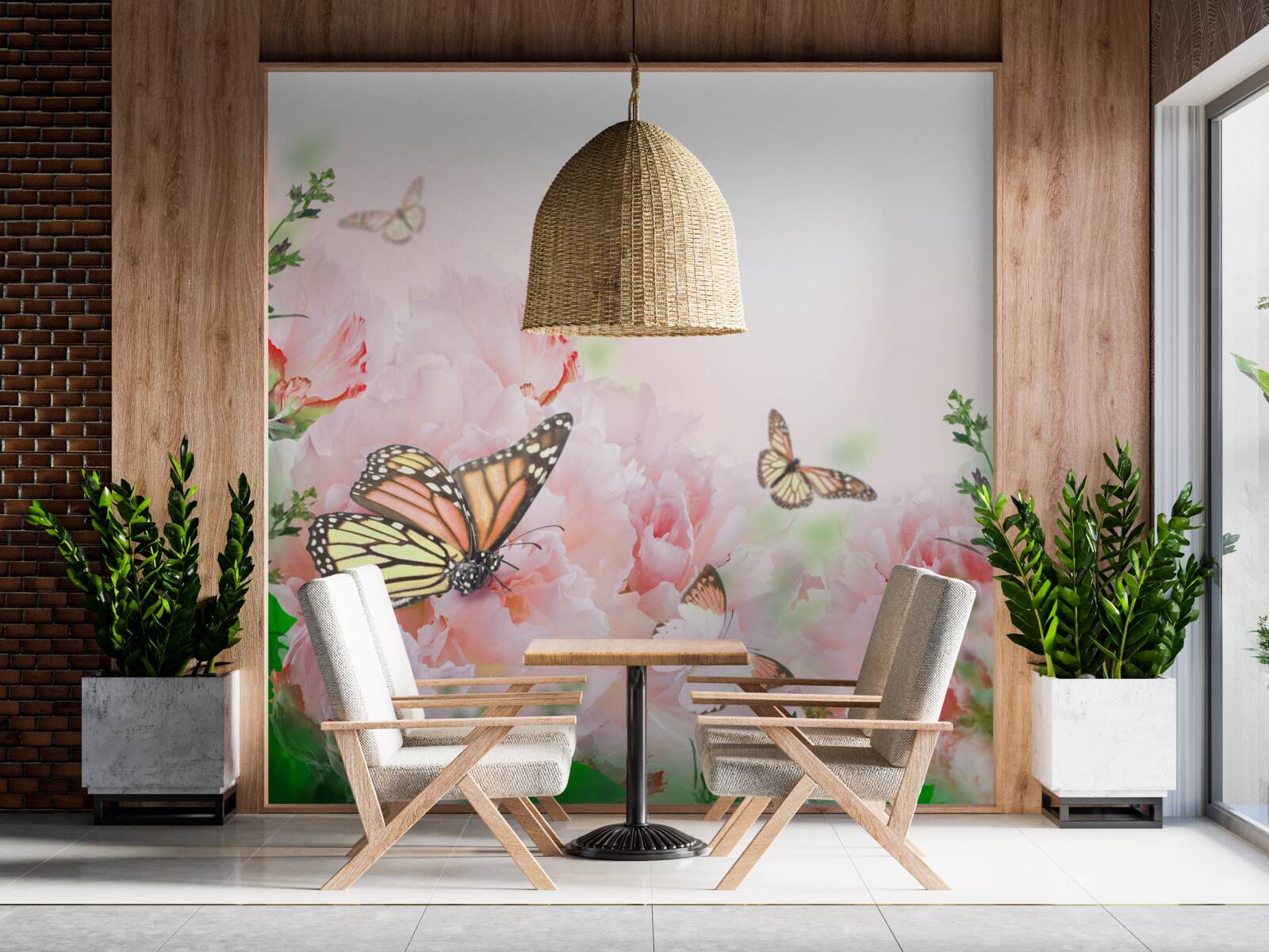 Papier peint groupe de papillons sur fond de fleurs d'été