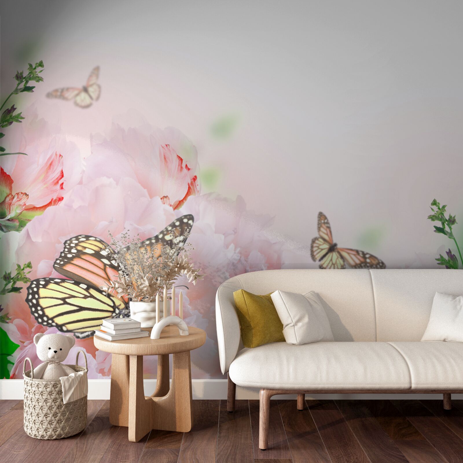 Papier peint groupe de papillons sur fond de fleurs d'été