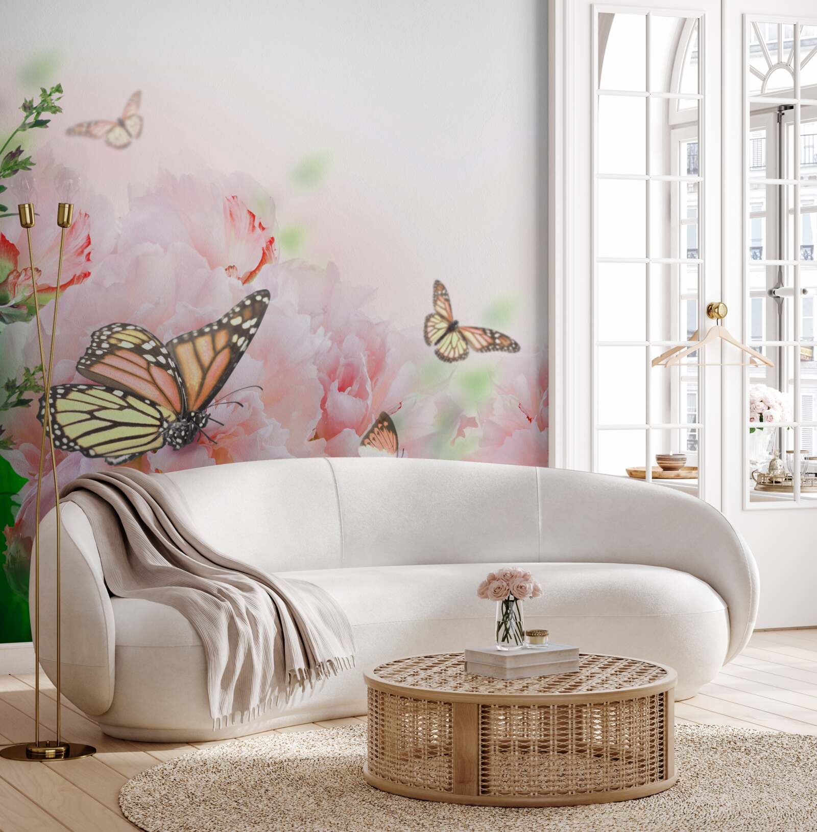 Papier peint groupe de papillons sur fond de fleurs d'été